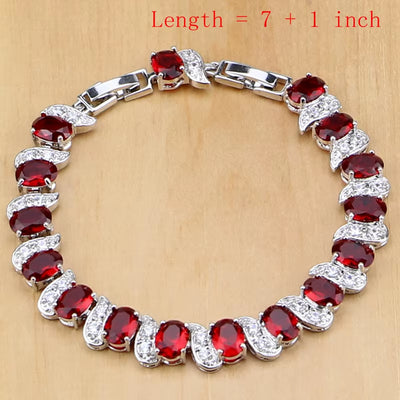 Natural 925 Silver Jewelry Set with Red Birthstone for Women - Earrings, Pendant, Necklace, Ring, and Bracelets T055