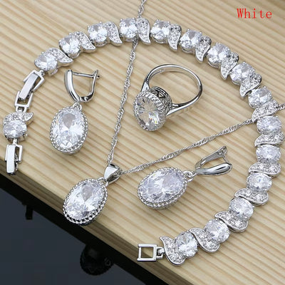 Natural 925 Silver Jewelry Set with Red Birthstone for Women - Earrings, Pendant, Necklace, Ring, and Bracelets T055