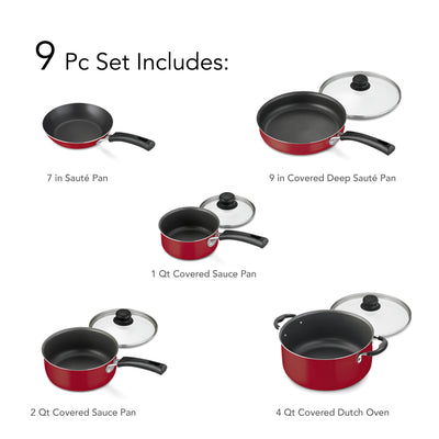 9-Piece Non-Stick Cookware Set, Red - CommunityRateLLC