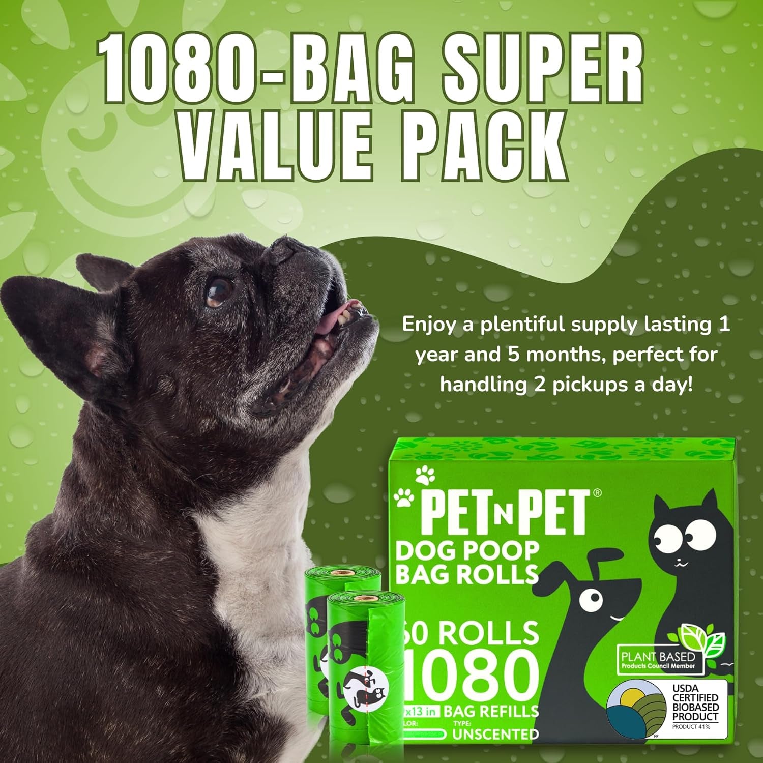 USDA Certified 41% Plant-Based Dog Waste Bags - Leak-Proof Refill Rolls (1080 Count, Unscented, Green)