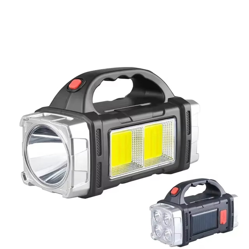 Portable High-Intensity USB Rechargeable Solar LED Flashlight with COB Work Light and Mobile Phone Charging Capability for Camping