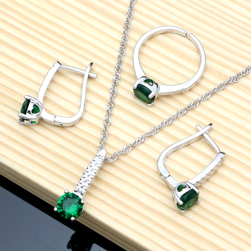 Elegant Silver 925 Jewelry Set with Natural Green Emerald: Earrings, Bracelet, Resizable Ring, and Birthstone Necklace for Fashionable Occasions