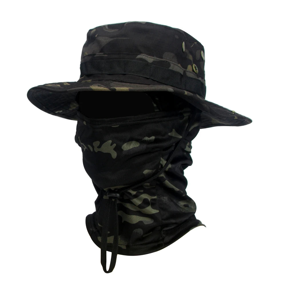 Camouflage Boonie Cap and Balaclava Set - Foldable Soft Outdoor Hat for Hunting and Fishing with Wide Brim for Sun Protection