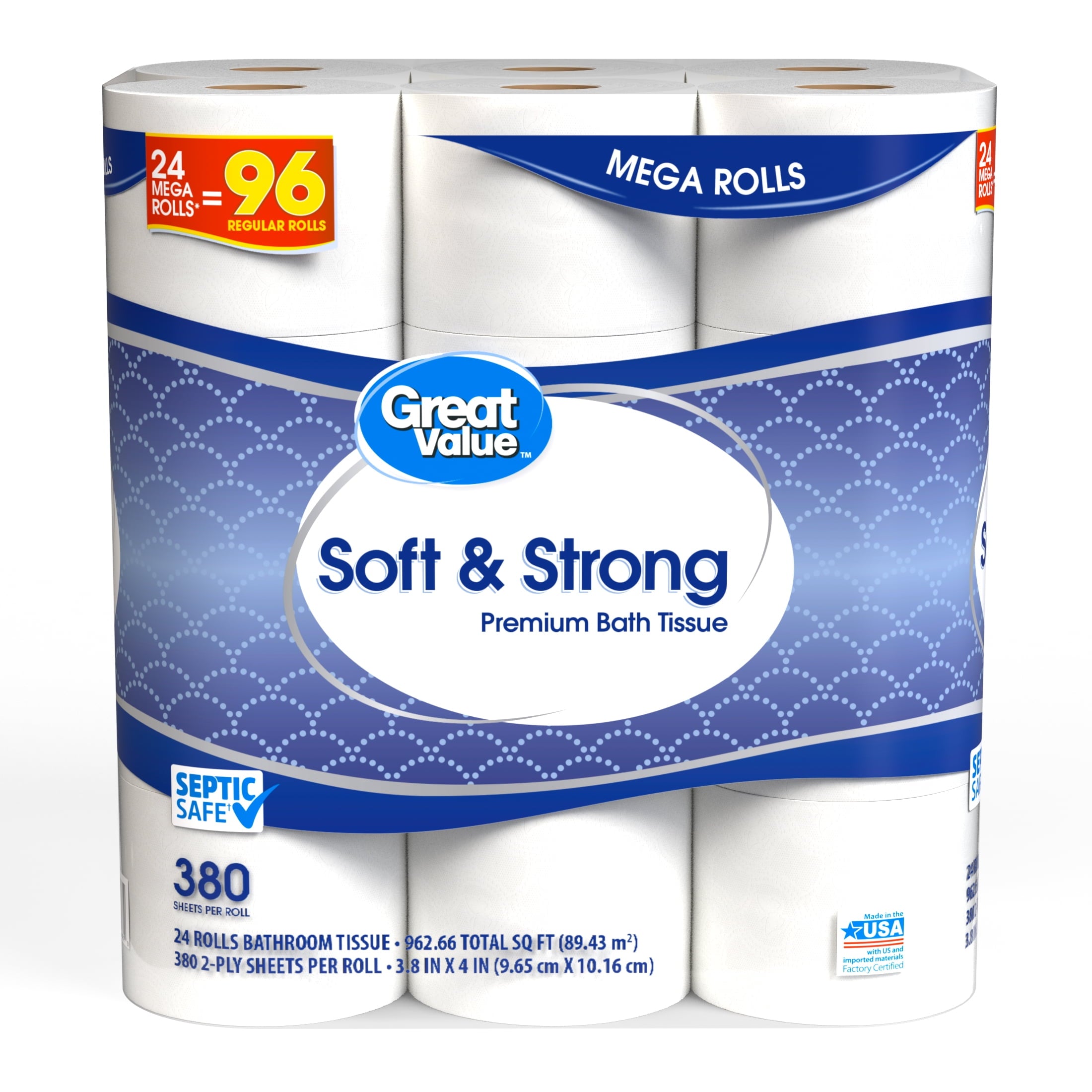 Soft & Strong Premium Toilet Paper, 24 Mega Rolls, 380 Sheets per Roll - CommunityRateLLC