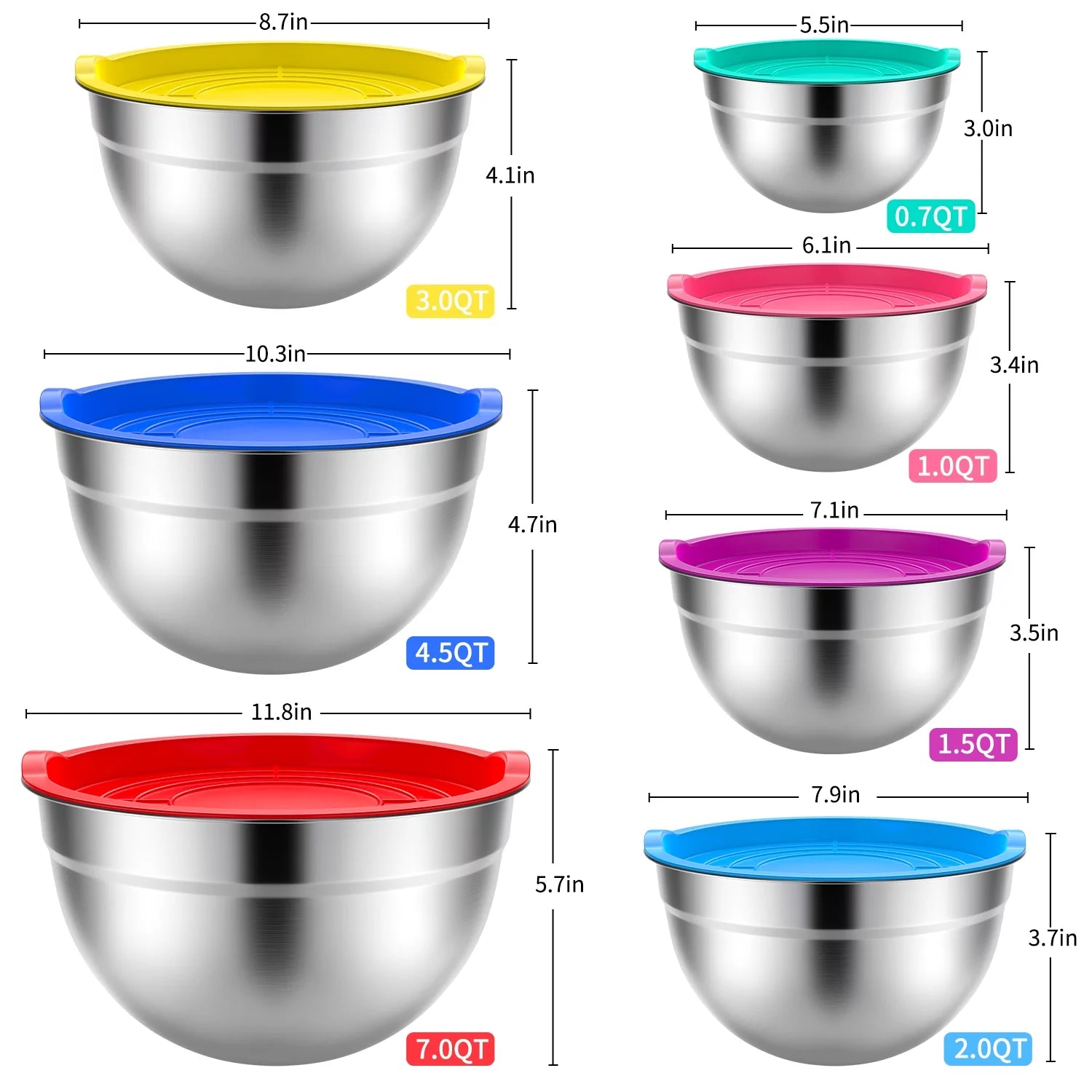 Stainless Steel Mixing Bowls Set - 7 Piece Metal Nesting Bowls for Kitchen - Various Sizes - Multi-Color - CommunityRateLLC