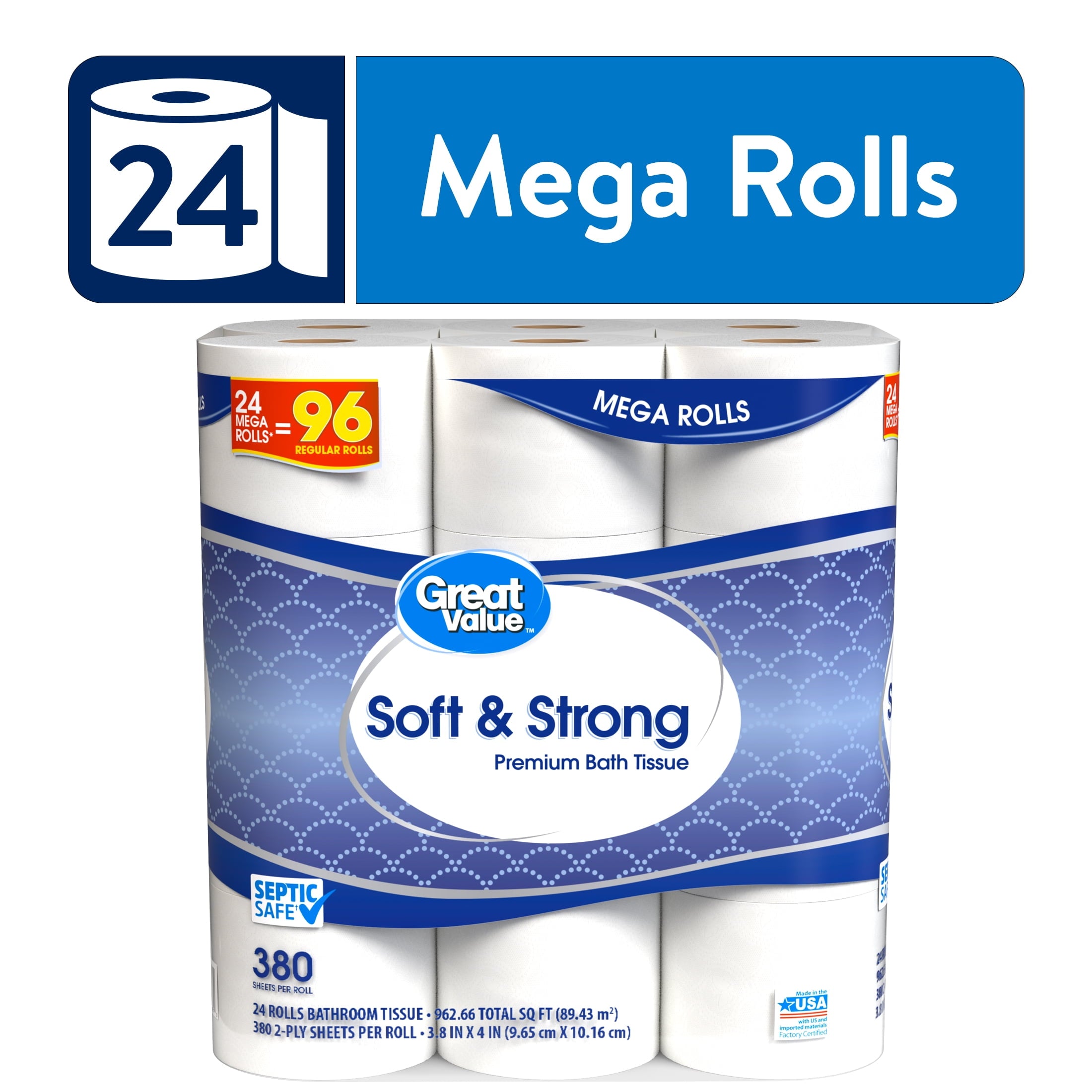 Soft & Strong Premium Toilet Paper, 24 Mega Rolls, 380 Sheets per Roll - CommunityRateLLC