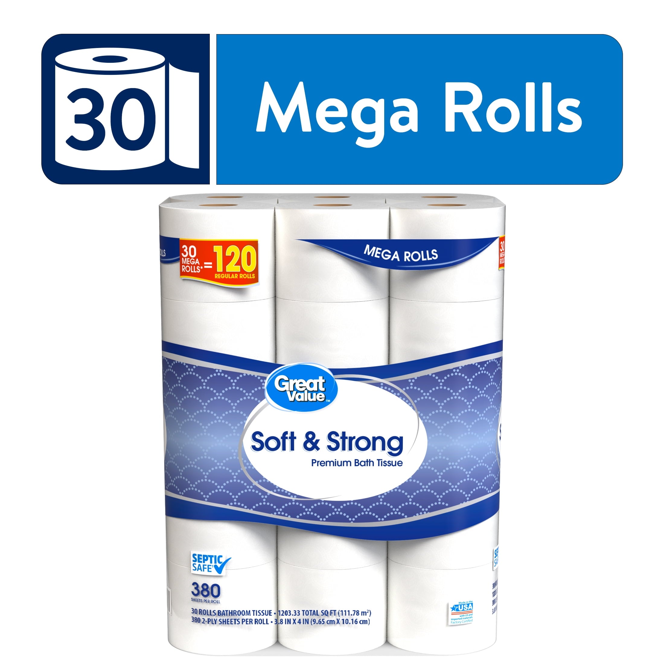 Soft & Strong Premium Toilet Paper, 30 Mega Rolls, 380 Sheets per Roll - CommunityRateLLC