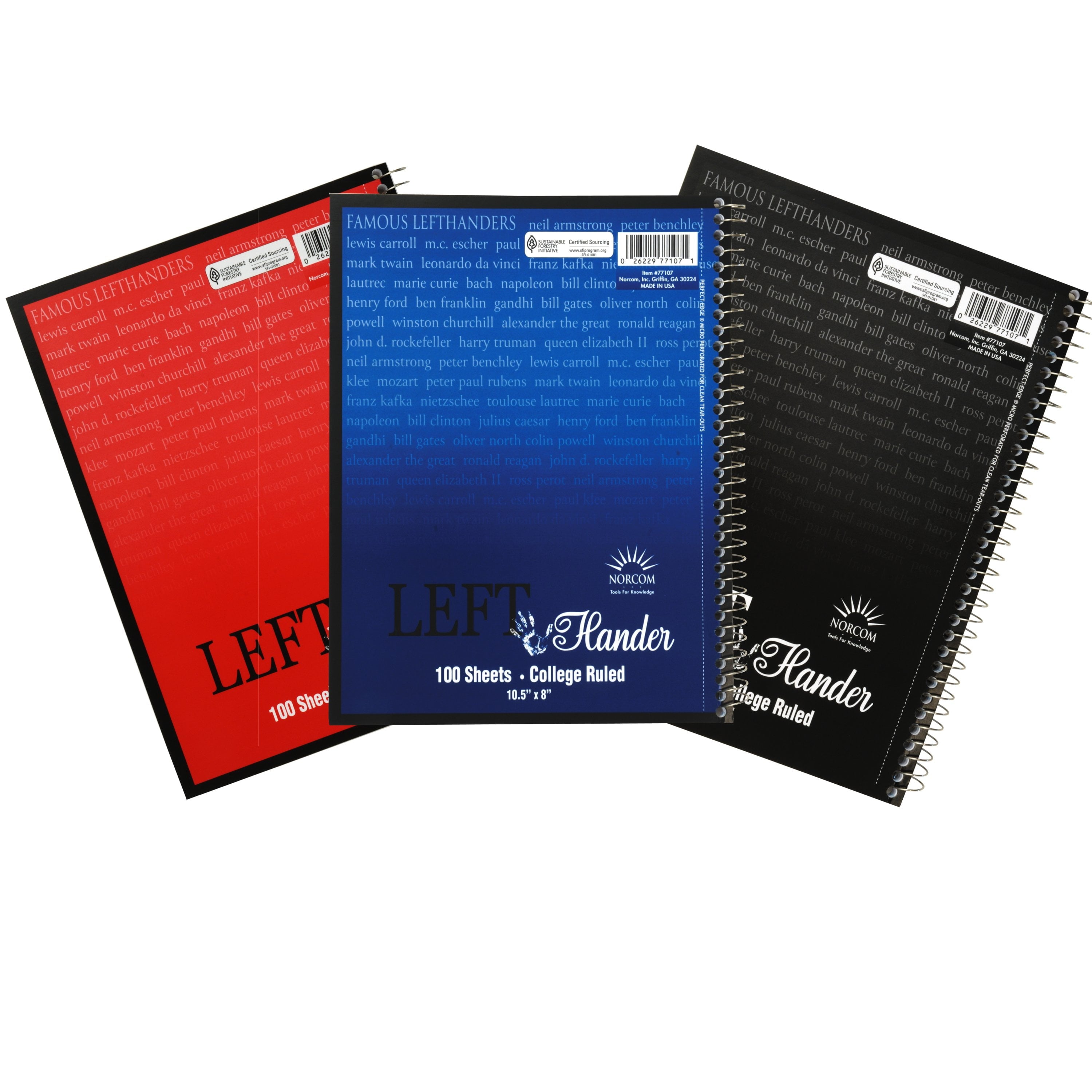 3-Pack Left-Handed Spiral Notebook, College Ruled, 100 Sheets per Pack, Assorted Colors - CommunityRateLLC