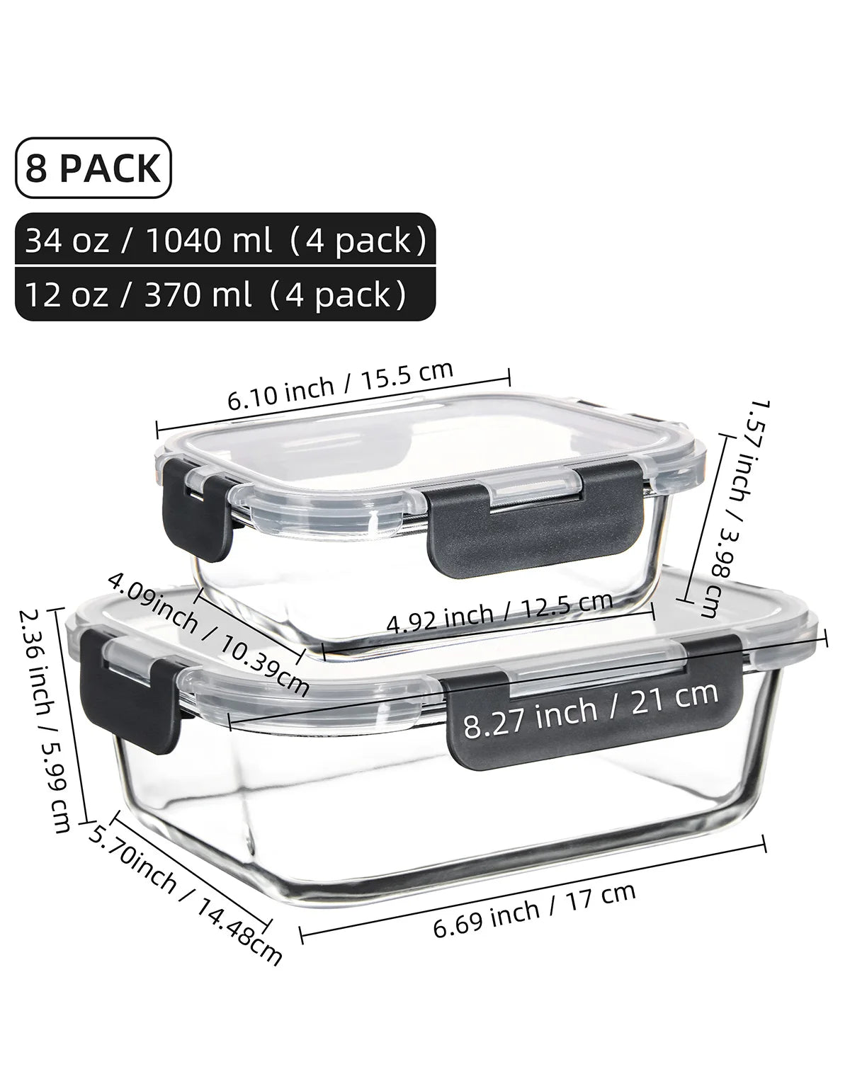 8-Piece Glass Food Storage Containers Set, 6 Sizes