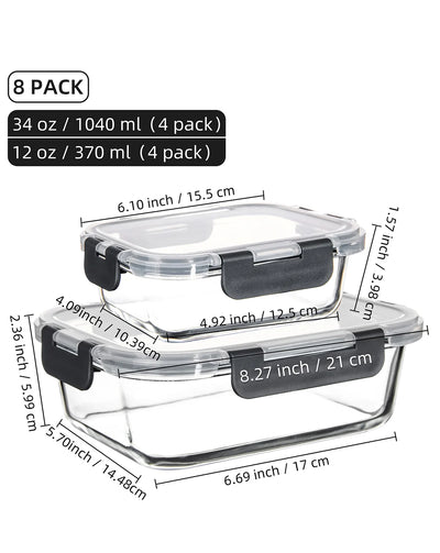 8-Piece Glass Food Storage Containers Set, BPA-Free, Leakproof, Microwave & Oven Safe, 6 Sizes, Borosilicate Glass Lock Lid