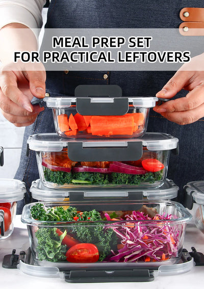 8-Piece Glass Food Storage Containers Set, BPA-Free, Leakproof, Microwave & Oven Safe, 6 Sizes, Borosilicate Glass Lock Lid