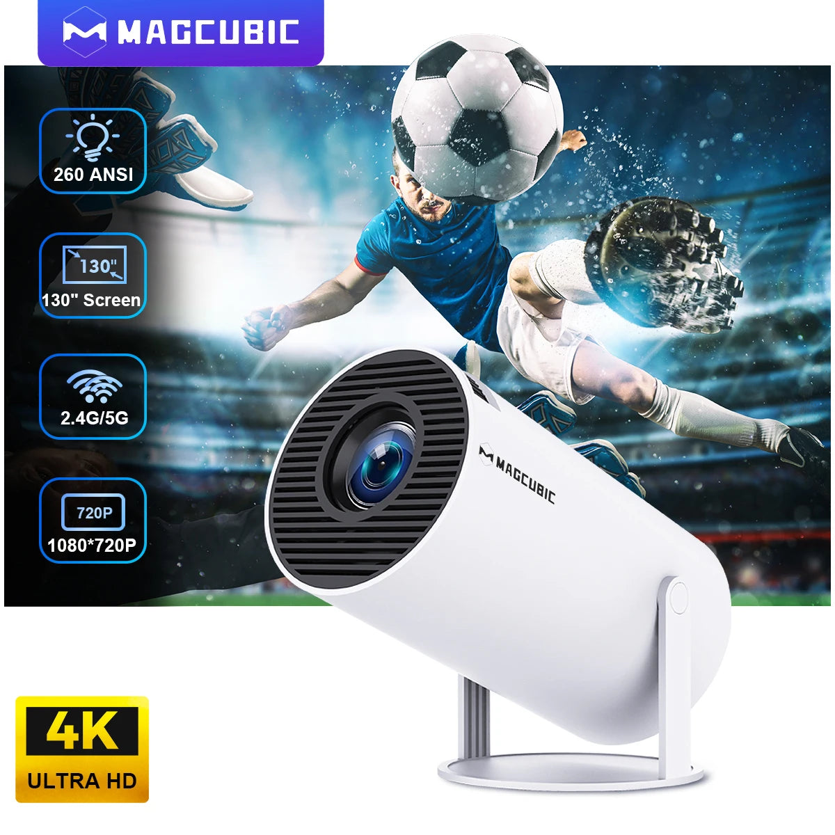 HY300 Pro Portable Projector - Android 11, 4K Resolution, 1280x720P, Dual WiFi, 260 ANSI Lumens, 180° Flexibility, Bluetooth 5.0, Perfect for Outdoor Cinema