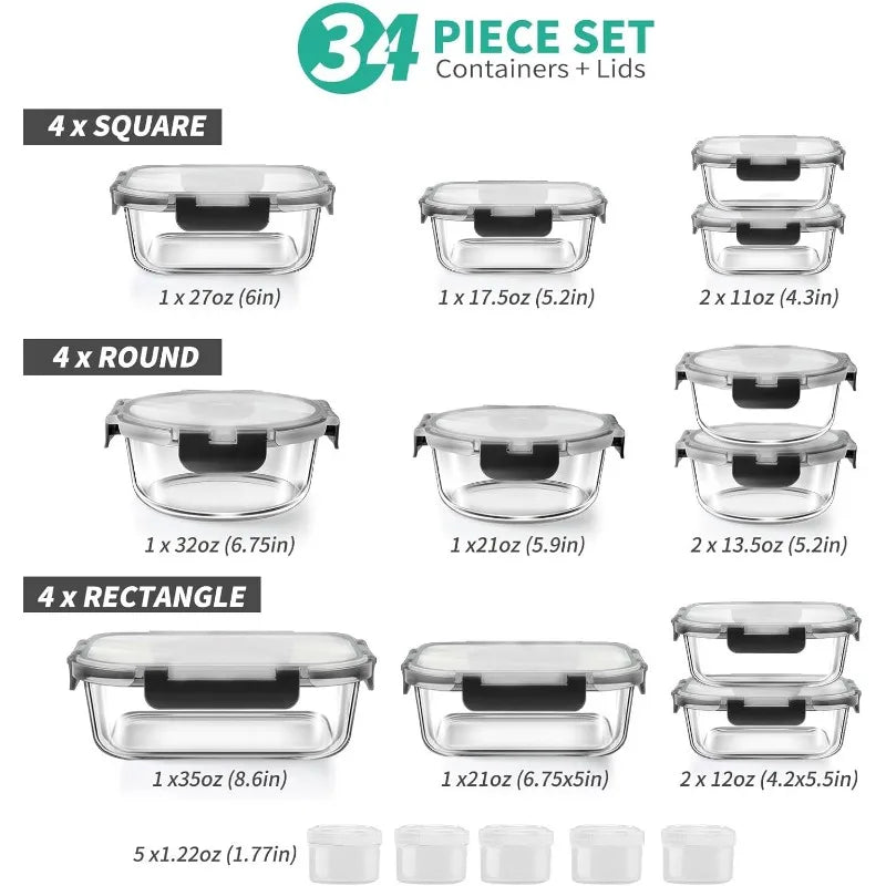 34pcs Glass Food Storage Containers with Lids Set (17 Containers & 17 Lids)