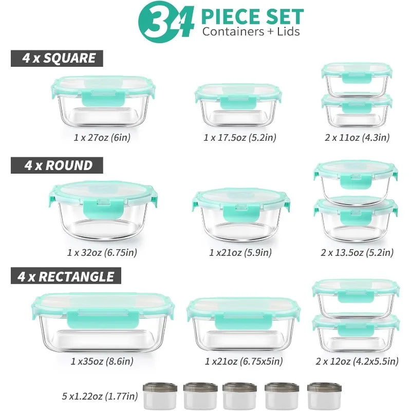 34pcs Glass Food Storage Containers with Lids Set (17 Containers & 17 Lids)