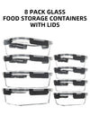 8-Piece Glass Food Storage Containers Set, BPA-Free, Leakproof, Microwave & Oven Safe, 6 Sizes, Borosilicate Glass Lock Lid
