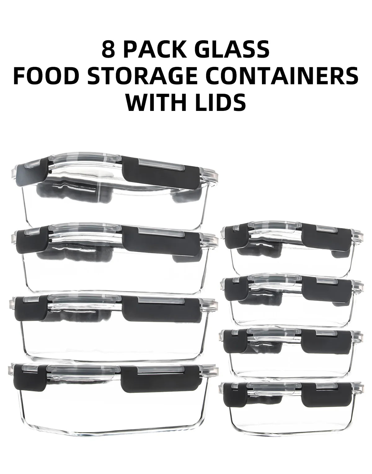 8-Piece Glass Food Storage Containers Set, 6 Sizes