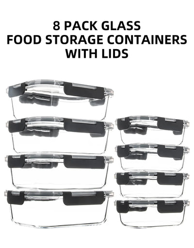 8-Piece Glass Food Storage Containers Set, BPA-Free, Leakproof, Microwave & Oven Safe, 6 Sizes, Borosilicate Glass Lock Lid