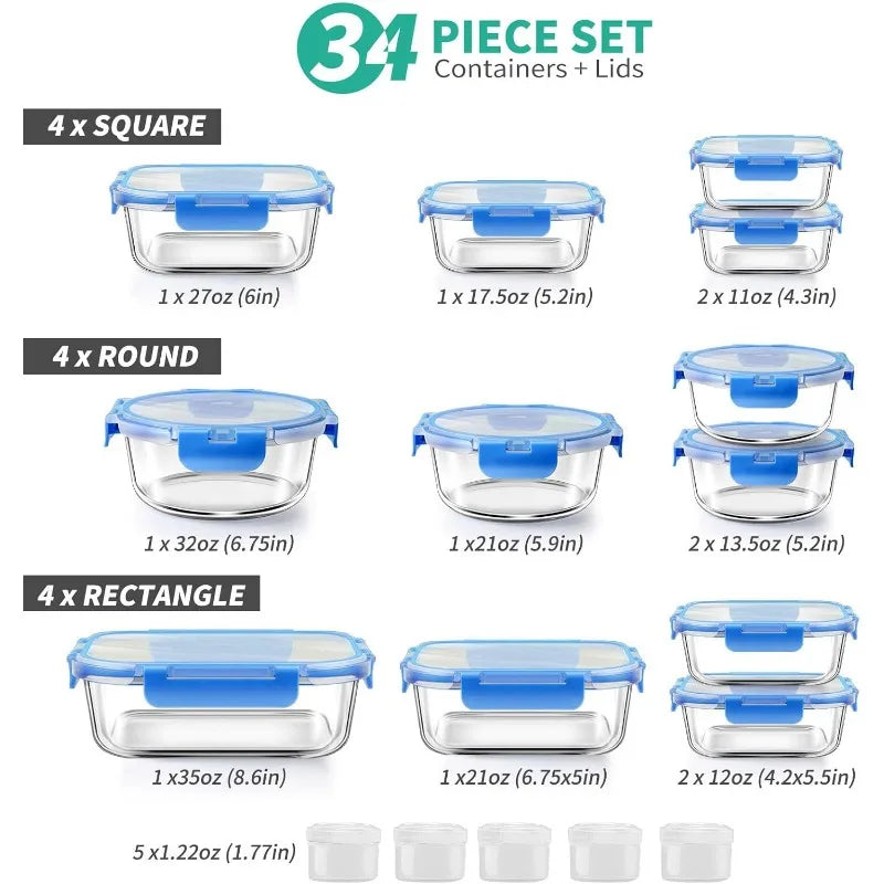 34pcs Glass Food Storage Containers with Lids Set (17 Containers & 17 Lids)
