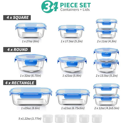 34pcs Glass Food Storage Containers with Lids Set, Airtight Glass Meal Prep Containers (17 Containers & 17 Lids), Leak Proof