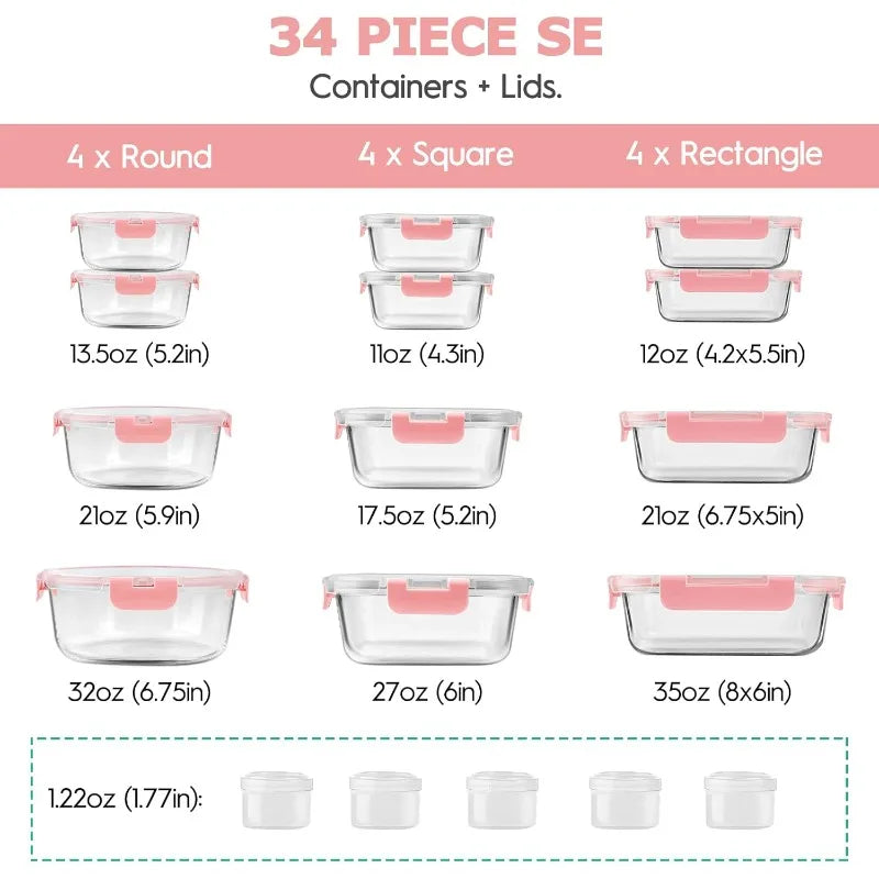 34pcs Glass Food Storage Containers with Lids Set (17 Containers & 17 Lids)