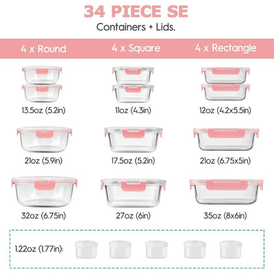 34pcs Glass Food Storage Containers with Lids Set, Airtight Glass Meal Prep Containers (17 Containers & 17 Lids), Leak Proof