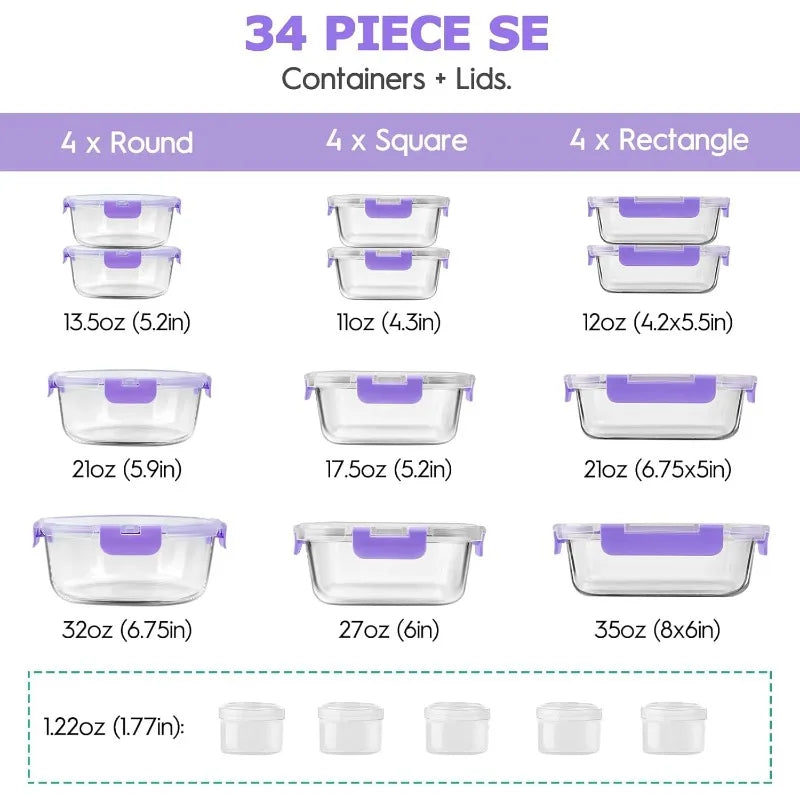 34pcs Glass Food Storage Containers with Lids Set (17 Containers & 17 Lids)