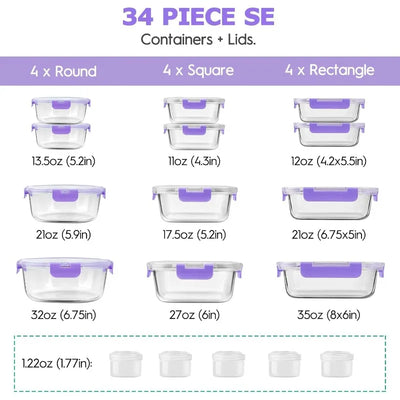 34pcs Glass Food Storage Containers with Lids Set, Airtight Glass Meal Prep Containers (17 Containers & 17 Lids), Leak Proof