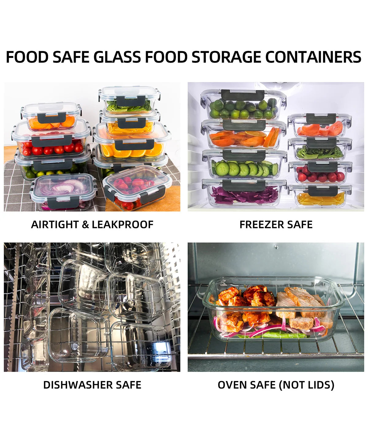 8-Piece Glass Food Storage Containers Set, 6 Sizes
