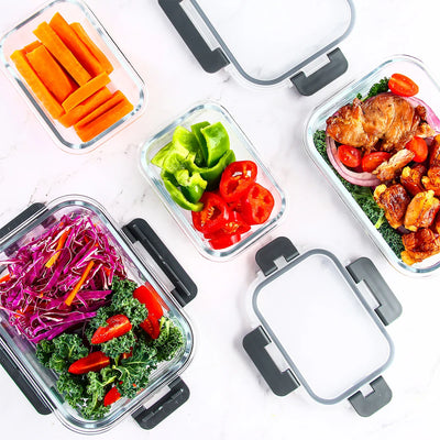 8-Piece Glass Food Storage Containers Set, BPA-Free, Leakproof, Microwave & Oven Safe, 6 Sizes, Borosilicate Glass Lock Lid
