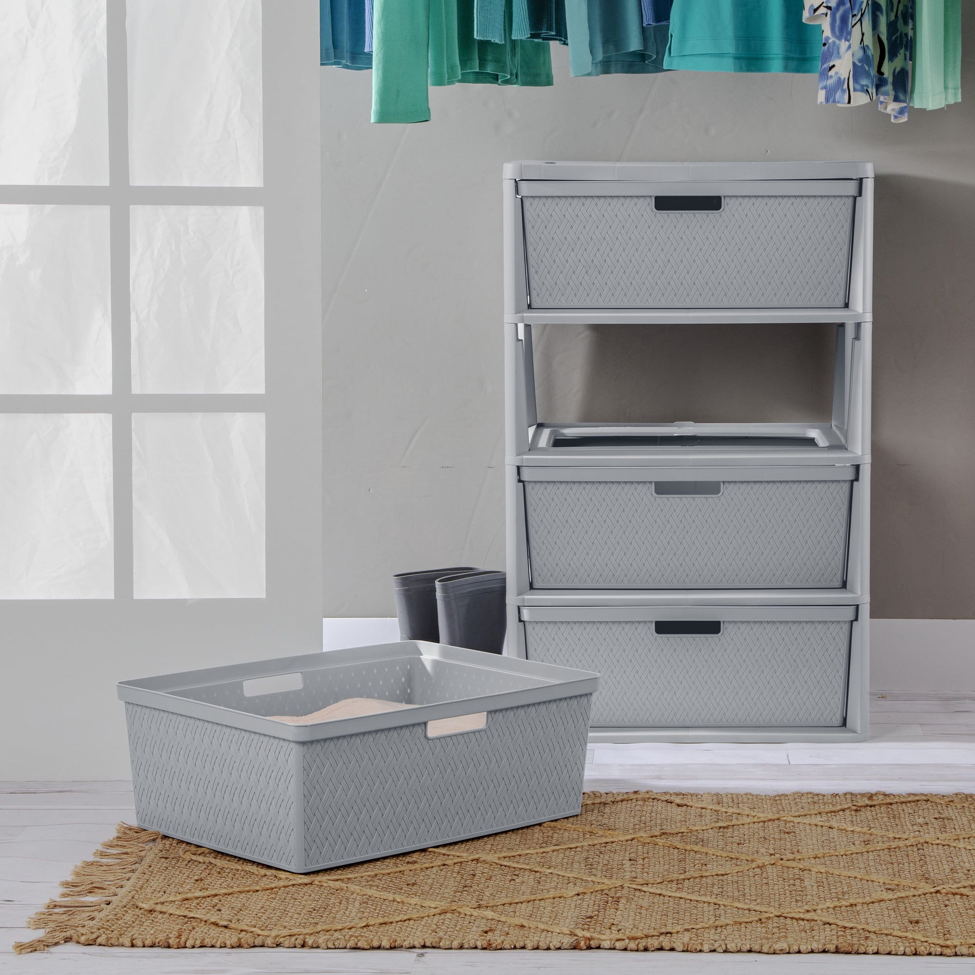 Wide 4 Drawer Cross-Weave Tower Cement