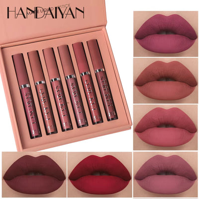 Set of 6 Nonstick Liquid Lipsticks - Long-Lasting Matte Finish Lip Gloss Gift Box, Fade-Resistant Formula