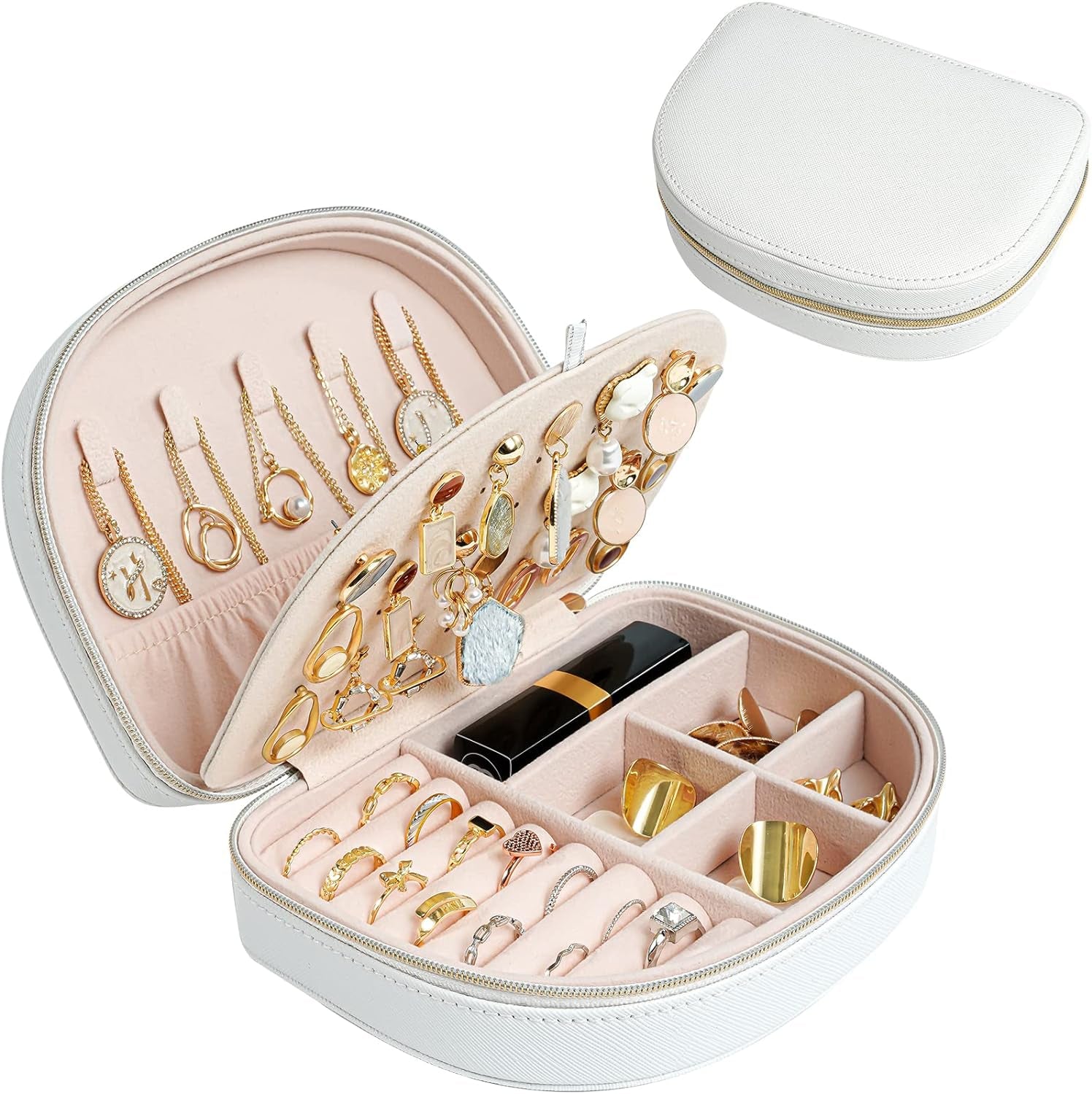 Medium Portable Seashell-Shaped Jewelry Organizer, 2-Layer Travel Jewelry Box in PU Leather for Women - Black