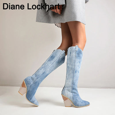Black Pink Blue Knee High Boots Western Cowboy Boots for Women Long Winter Boots Pointed Toe Cowgirl Wedges Motorcycle Boots