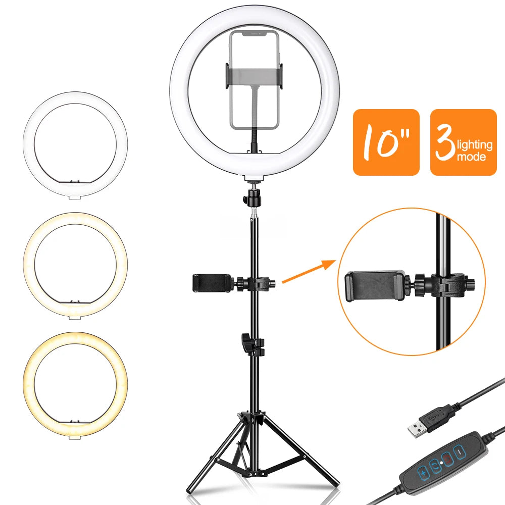 10-Inch LED Ring Light with Phone Clip and Tripod Stand for Selfie Videos and Live Photography on TikTok and YouTube