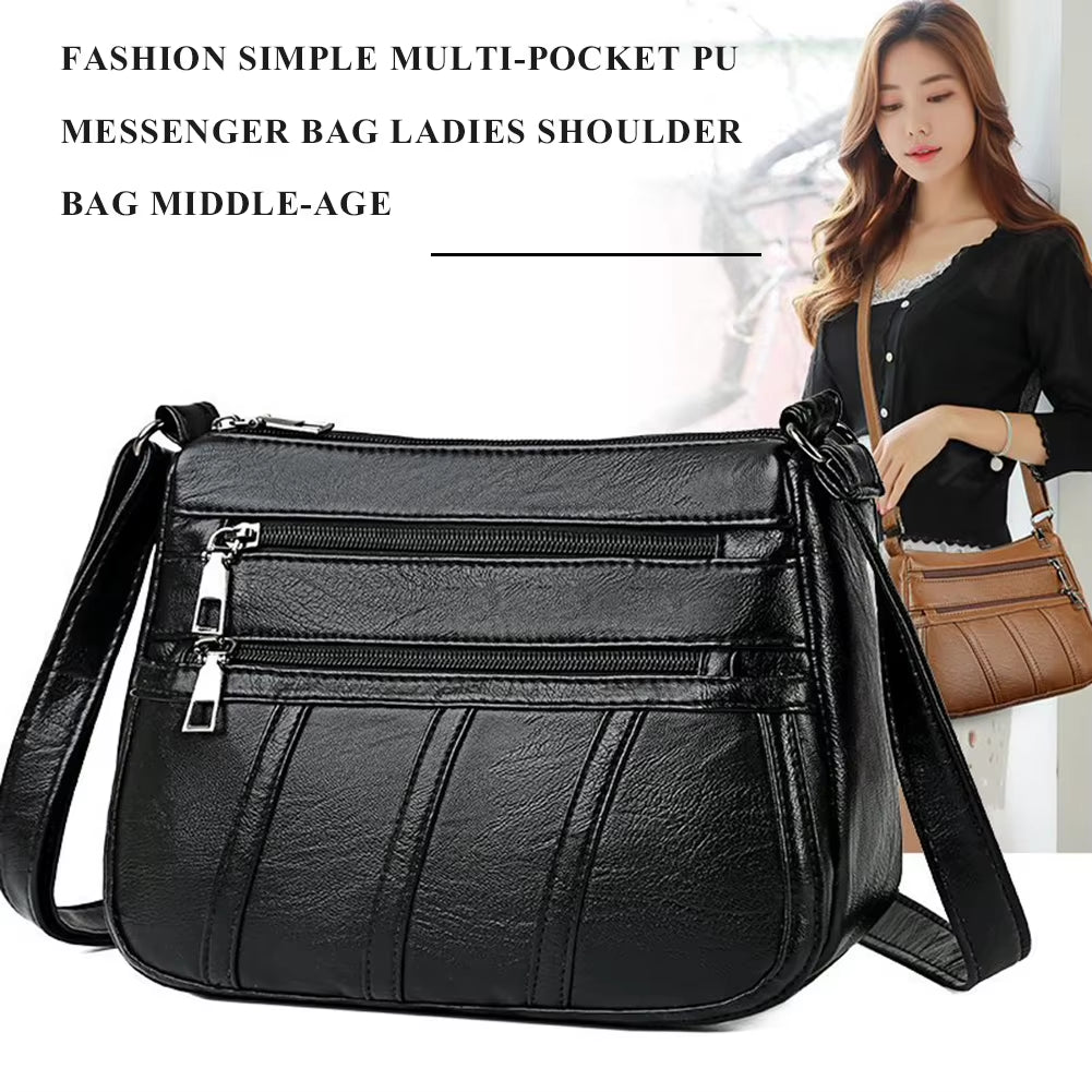 Women's High-Quality Soft PU Leather Multi-Pocket Shoulder Bag - Black Business Crossbody Messenger Bag