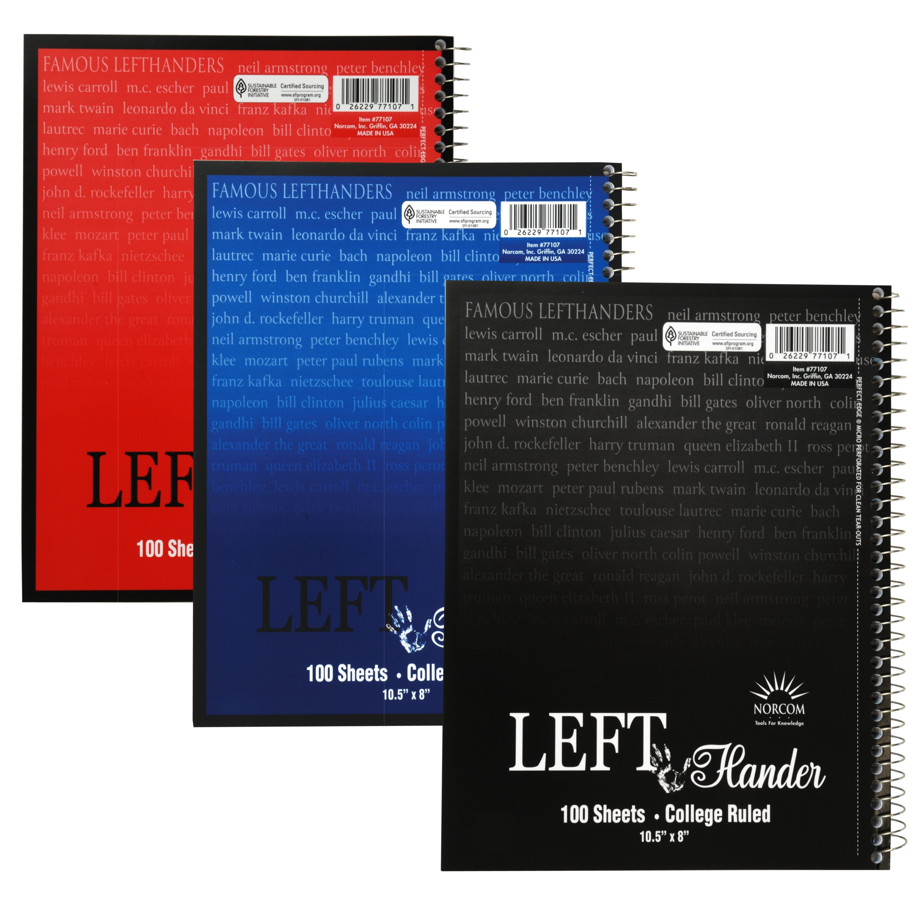 3-Pack Left-Handed Spiral Notebook, College Ruled, 100 Sheets per Pack, Assorted Colors - CommunityRateLLC