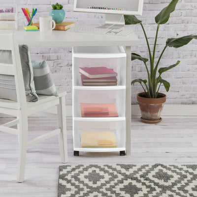 Medium Plastic Storage Drawer Cart with 3 Large Drawers and Removable Wheels - White Frame with Clear Drawers and Casters - CommunityRateLLC