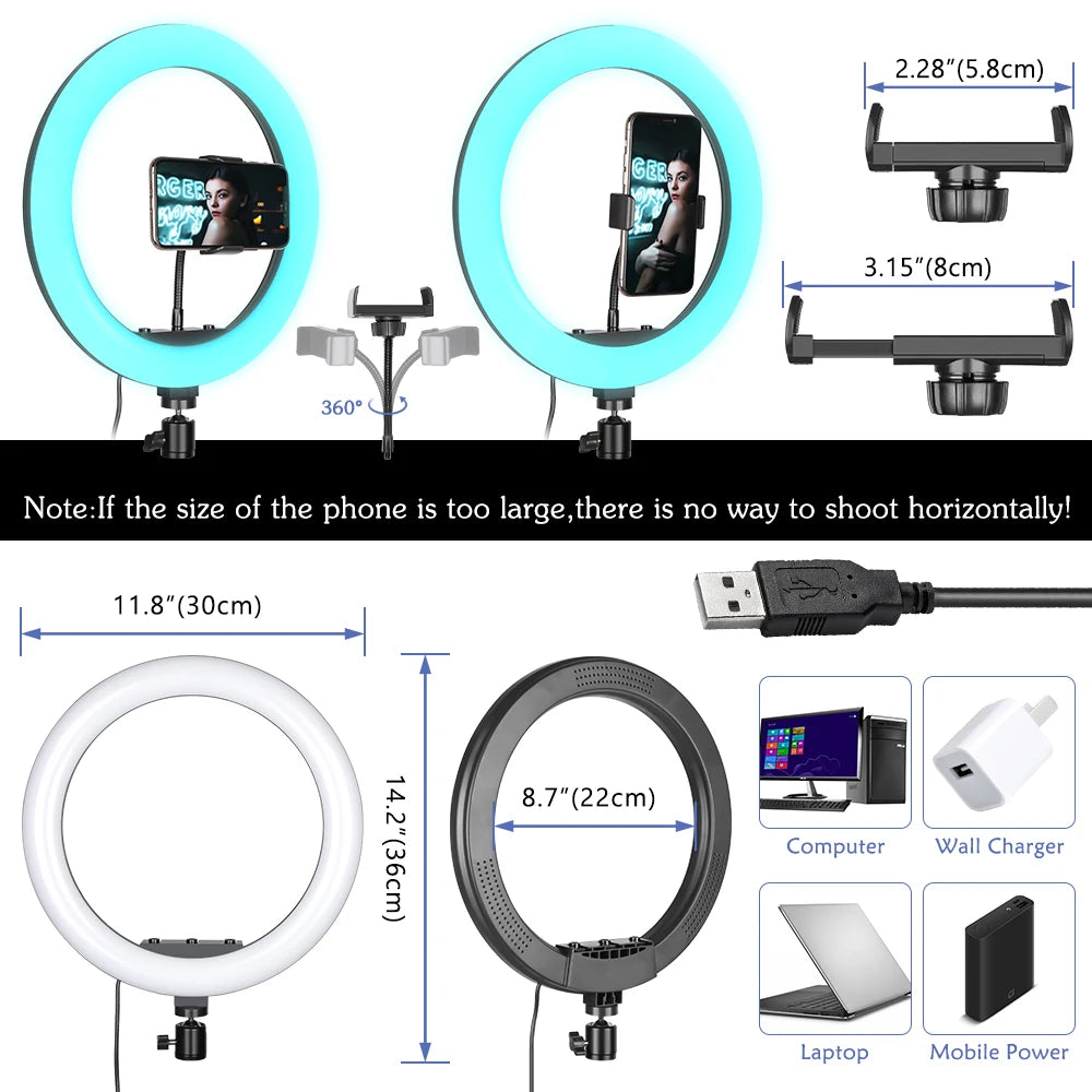 12-Inch 30Cm LED RGB Ring Light with Tripod - 15 Color Options for Mobile Phone Live Streaming, Makeup, and Photography