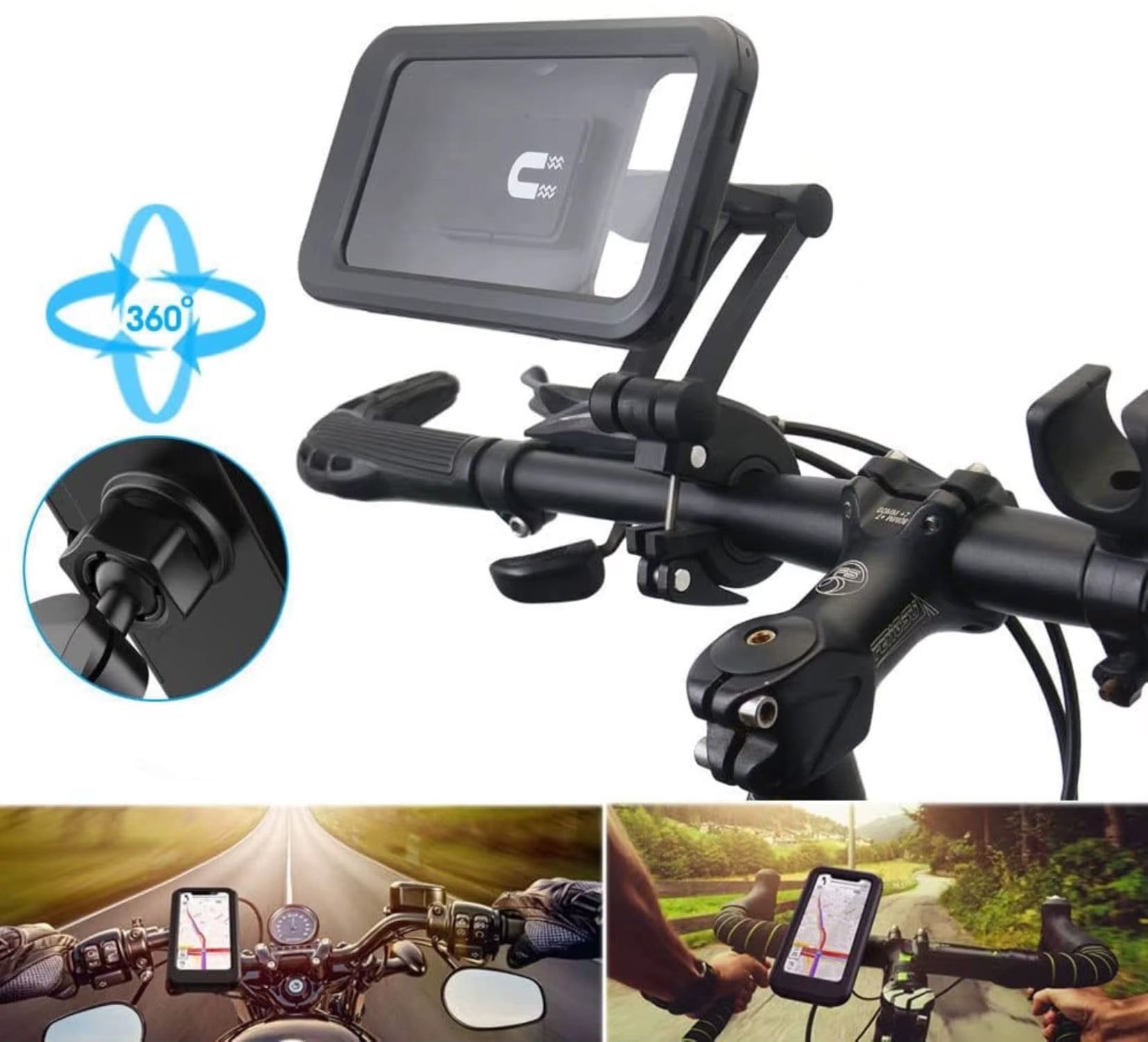 Adjustable 360° Rotating Waterproof Bike and Motorcycle Phone Mount with Anti-Shock Design and Touchscreen Compatibility