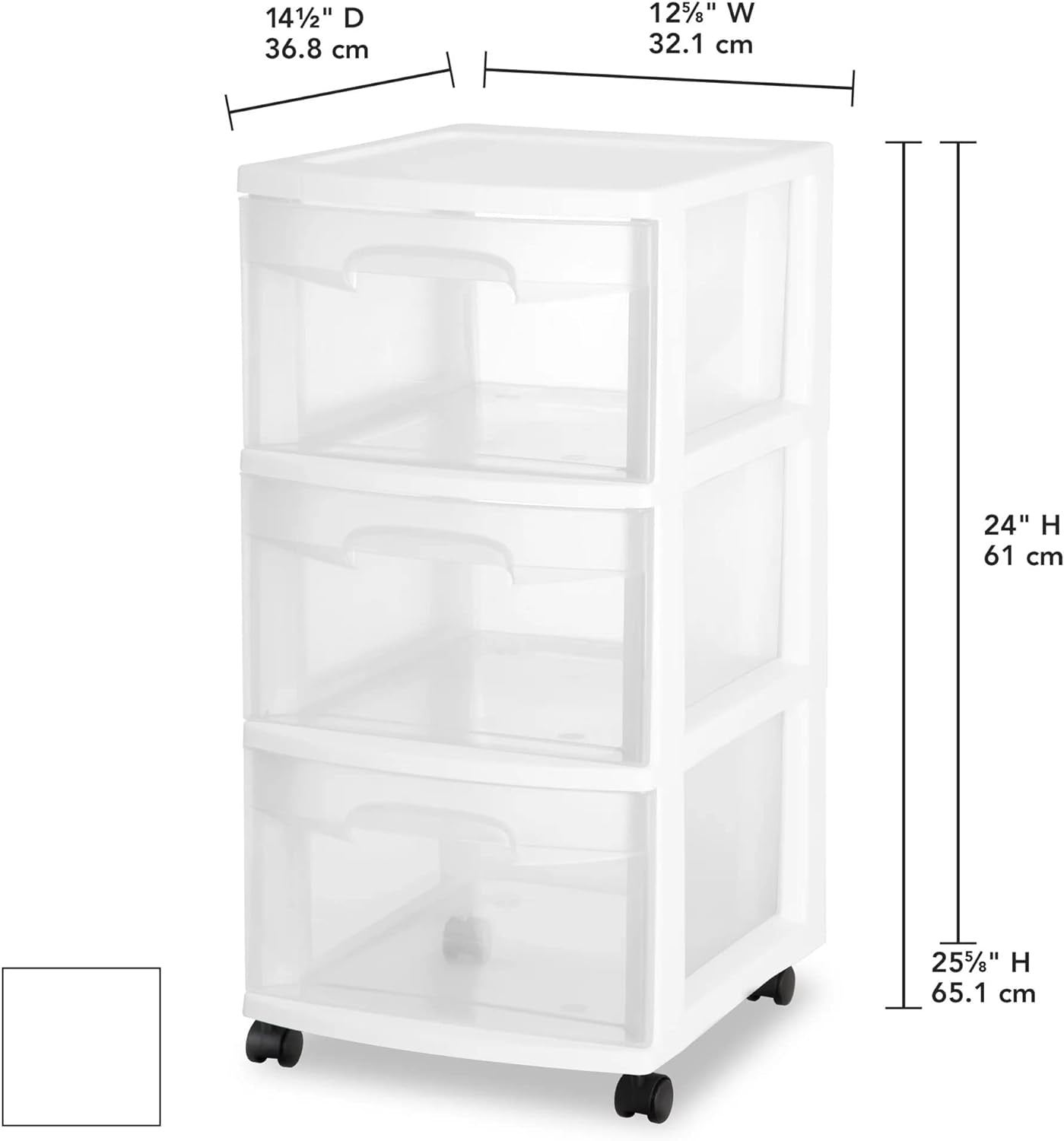 Medium Plastic Storage Drawer Cart with 3 Large Drawers and Removable Wheels - White Frame with Clear Drawers and Casters - CommunityRateLLC