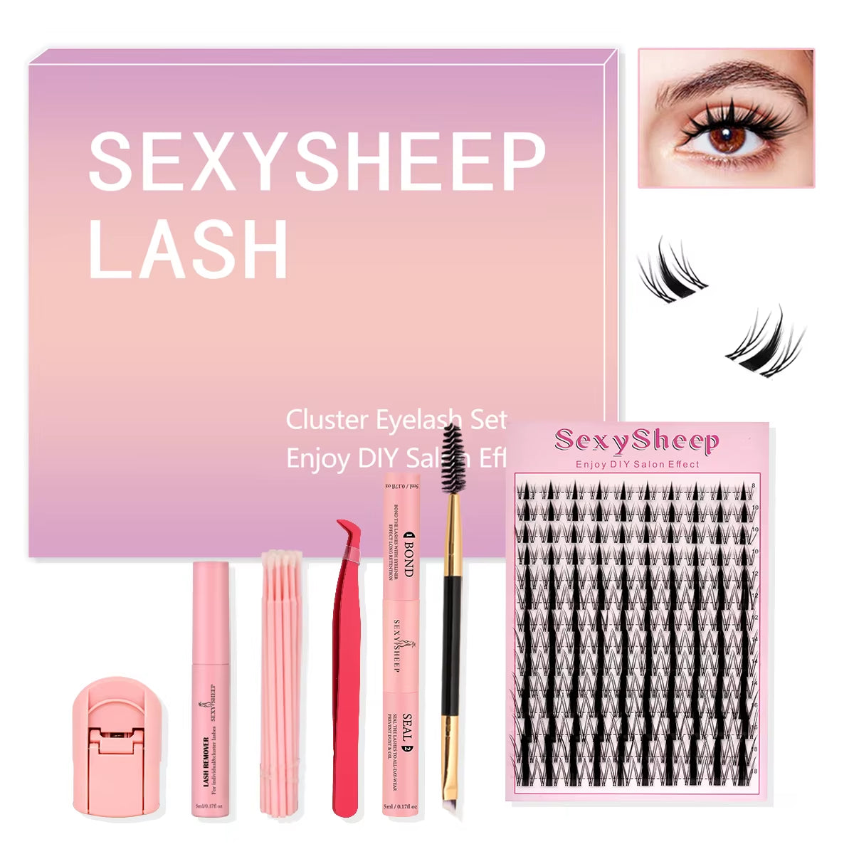DIY Lash Extension Kit: Mixed Style Lash Clusters with Bond & Seal, Remover, Tweezers, and Lash Brush for Self-Application Makeup