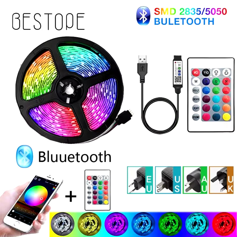 Bluetooth WiFi App-Controlled RGB 5050 SMD Flexible LED Strip Lights with USB Power Adapter and Adhesive Tape