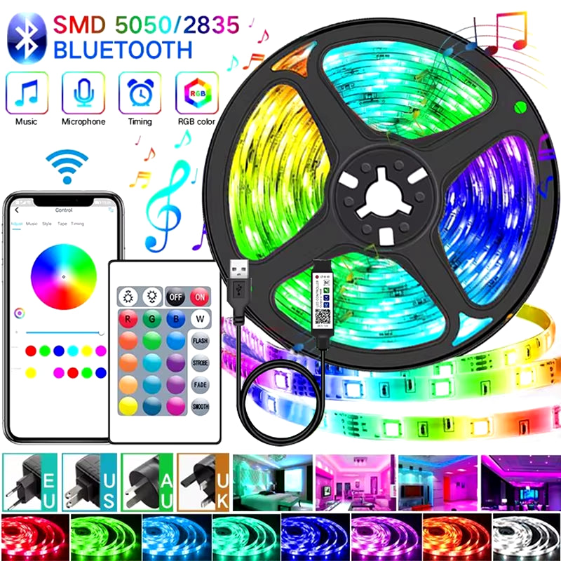 Bluetooth WiFi App-Controlled RGB 5050 SMD Flexible LED Strip Lights with USB Power Adapter and Adhesive Tape