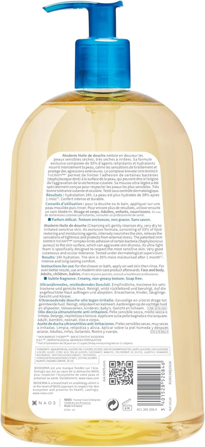 Atoderm Nourishing Shower Oil for Face and Body - Cleansing Oil for Dry and Atopic Sensitive Skin, Suitable for the Whole Family.