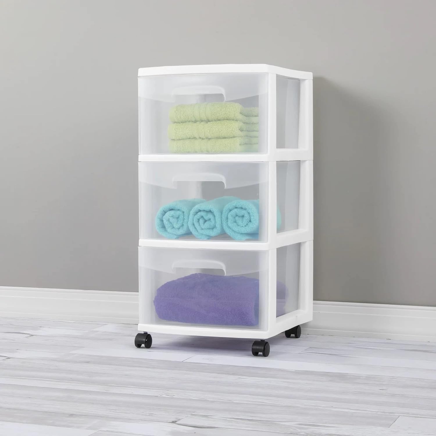 Medium Plastic Storage Drawer Cart with 3 Large Drawers and Removable Wheels - White Frame with Clear Drawers and Casters - CommunityRateLLC