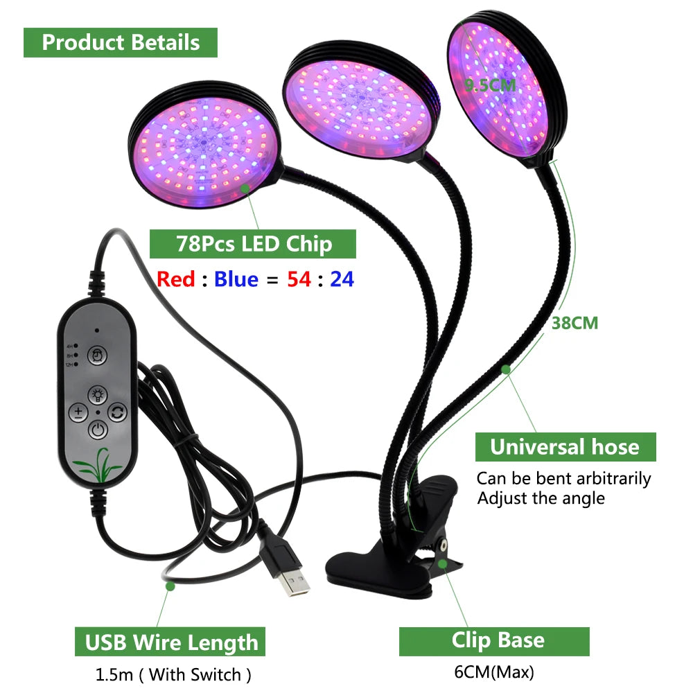 DC5V Full Spectrum LED Grow Light with 360-Degree Flexible Clip and USB Power Supply for Desktop Plant Growth