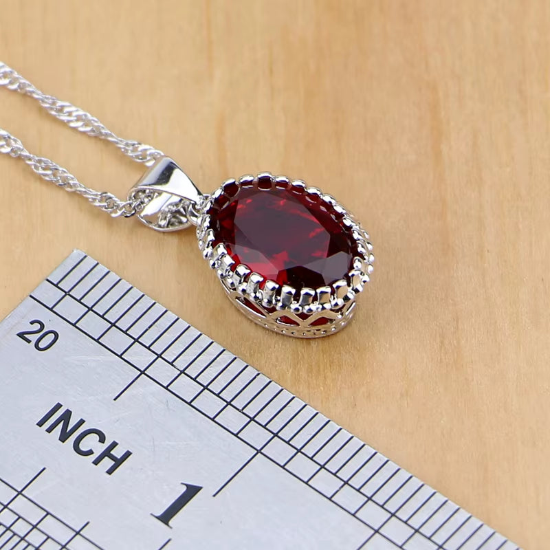 Natural 925 Silver Jewelry Set with Red Birthstone for Women - Earrings, Pendant, Necklace, Ring, and Bracelets T055