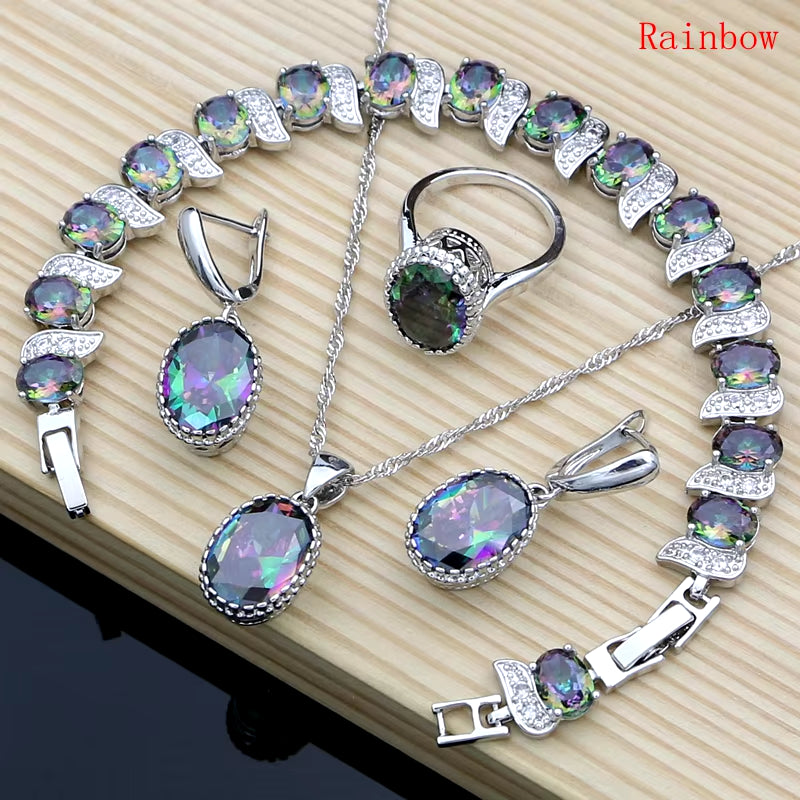 Natural 925 Silver Jewelry Set with Red Birthstone for Women - Earrings, Pendant, Necklace, Ring, and Bracelets T055