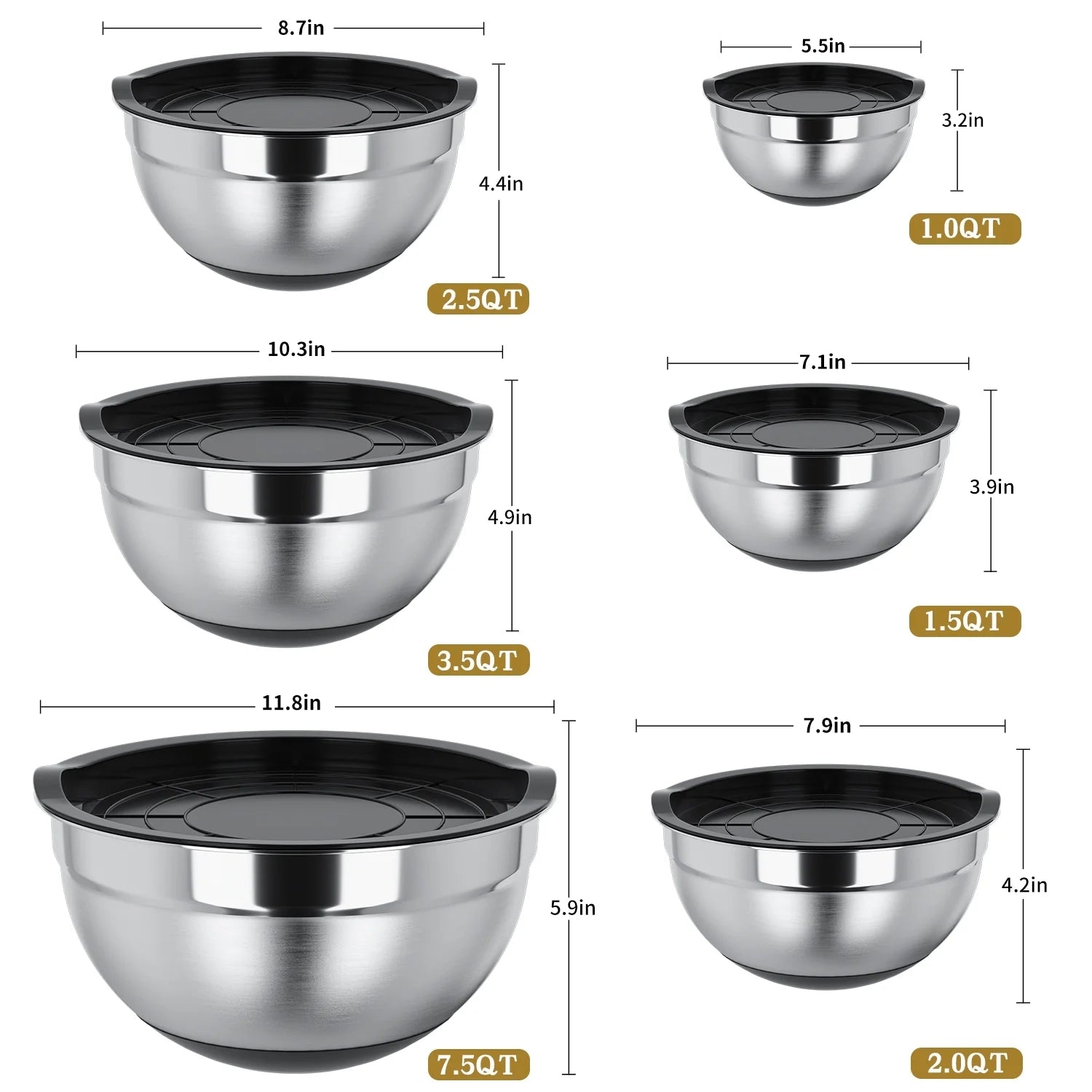 Mixing Bowls with Lids: Stainless Steel Mixing Bowls Set - 6 Piece Metal Nesting Mixing Bowls with Rubber Bottom-Black - CommunityRateLLC