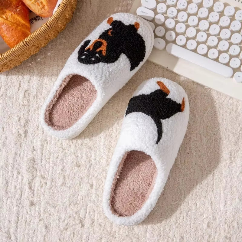 Dachshund Pattern Embroidered Plush Slippers with Thick Sole - Warm, Non-Slip Indoor Footwear for Pet Lovers